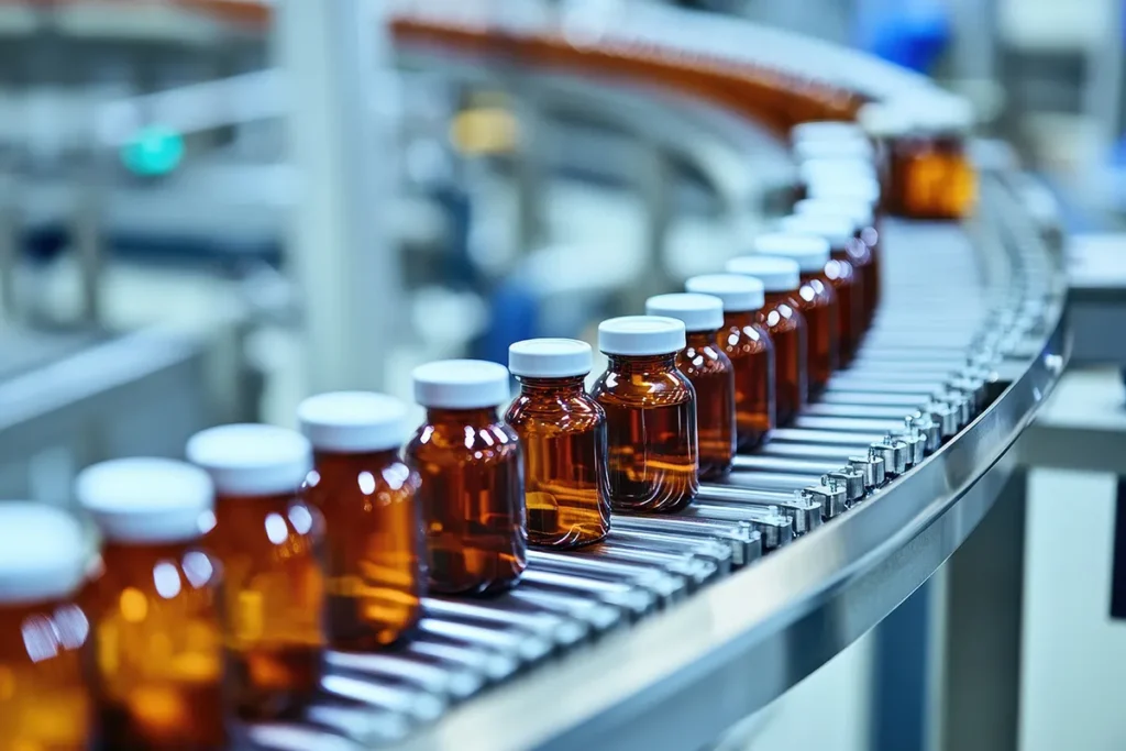 Conveyor belt transports pharmaceutical bottles